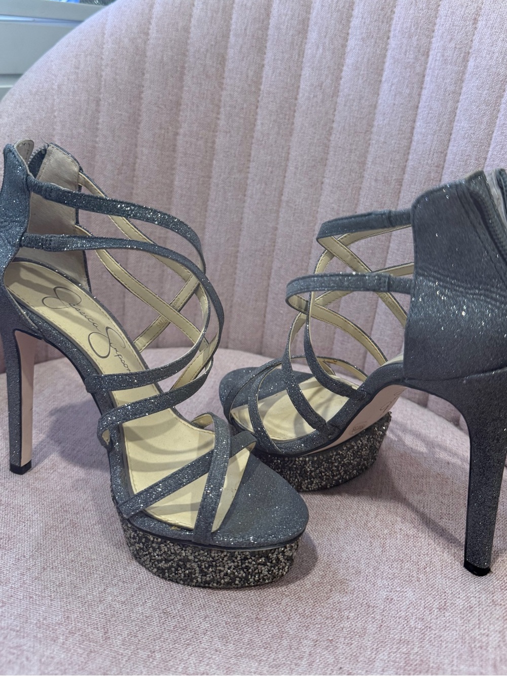 Glitter Strappy Platform High Heel Sandals - Gray